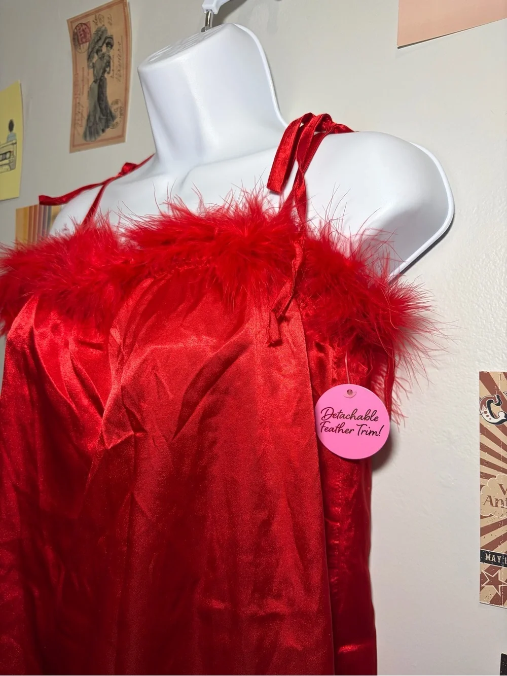 Fashion Nova Red Satin Feather-Trim Chemise